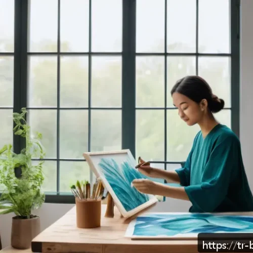 불교와 예술 - A serene artist&rsquo;s studio bathed in soft natural light filtering through large windows, featuring a T...