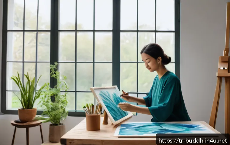 불교와 예술 - A serene artist’s studio bathed in soft natural light filtering through large windows, featuring a T...