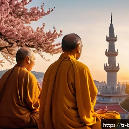 대승불교와 소승불교의 차이 - A serene Mahayana Buddhist temple scene in Istanbul during sunset, featuring a diverse group of adul...