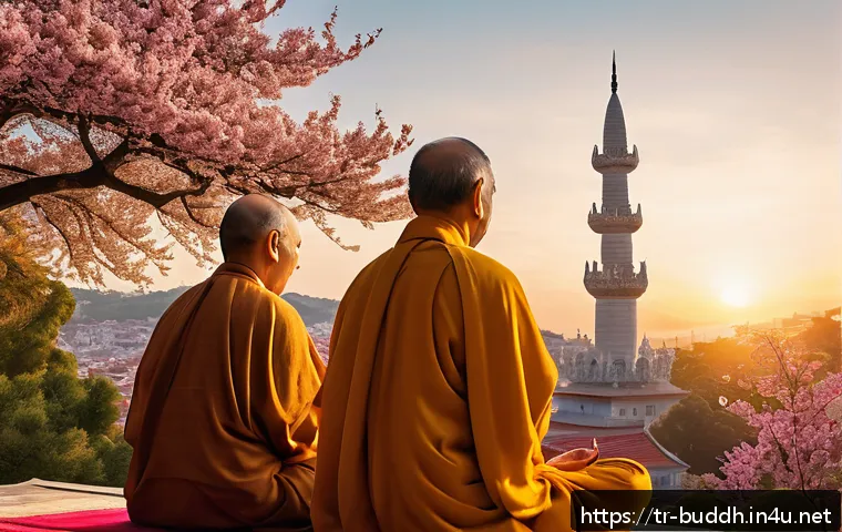 대승불교와 소승불교의 차이 - A serene Mahayana Buddhist temple scene in Istanbul during sunset, featuring a diverse group of adul...