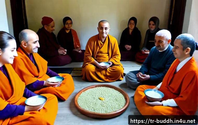 불교에서의 공정성 - Photorealistic documentary scene of Buddhist fairness in a peaceful Istanbul community hall, a seren...