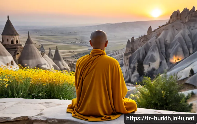 Home 17 불교와 자연 - Photorealistic tranquil dawn scene at an ancient Buddhist monastery in Cappadocia, Türkiye, a single...
