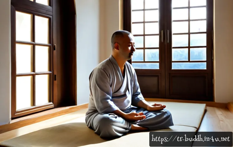 불교의 참선 의식 - Photorealistic Buddhist meditation ritual in a serene Istanbul meditation center, an adult practitio...