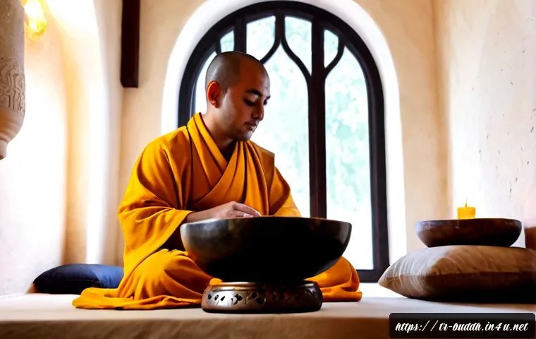불교에서의 음악적 전통 - Photorealistic Buddhist music tradition in a serene Anatolian-inspired meditation hall, a seated mon...